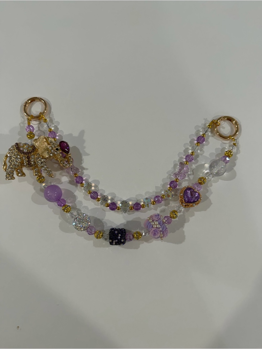 Purple Crystal Elephant Bag Charm / Purse Charm with Beads & Rhinestones